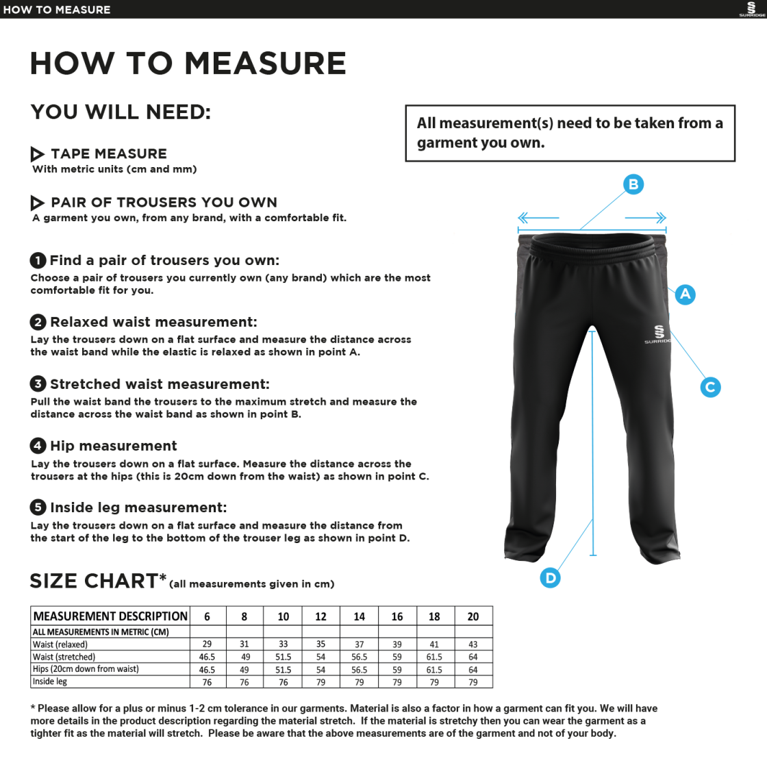Old Sharlston CC - Ripstop Track Pant - Women's Fit - Size Guide