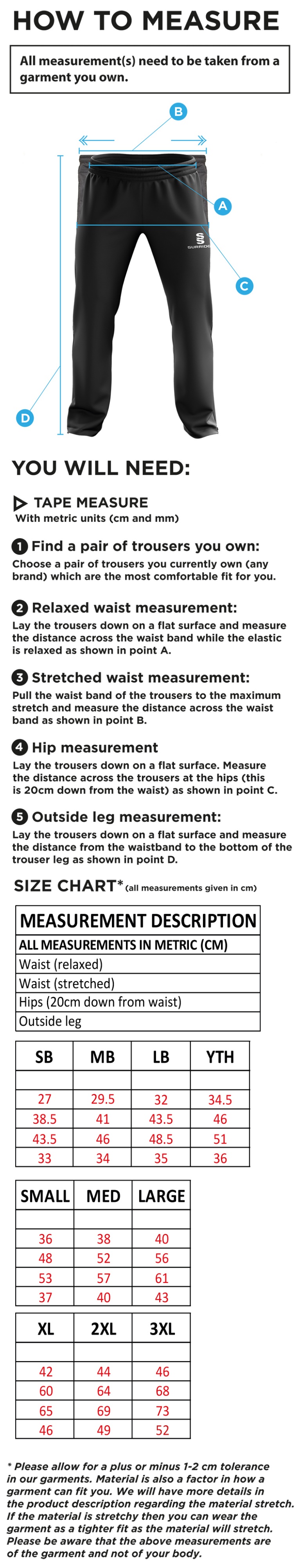 Old Sharlston CC - Rip Stop Track Pant - Men's/Unisex Fit - Size Guide