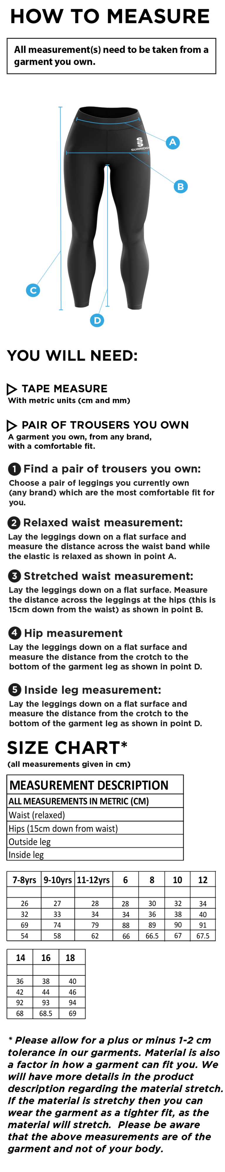 Old Sharlston CC - Performance Full Length Leggings - Women's Fit - Size Guide