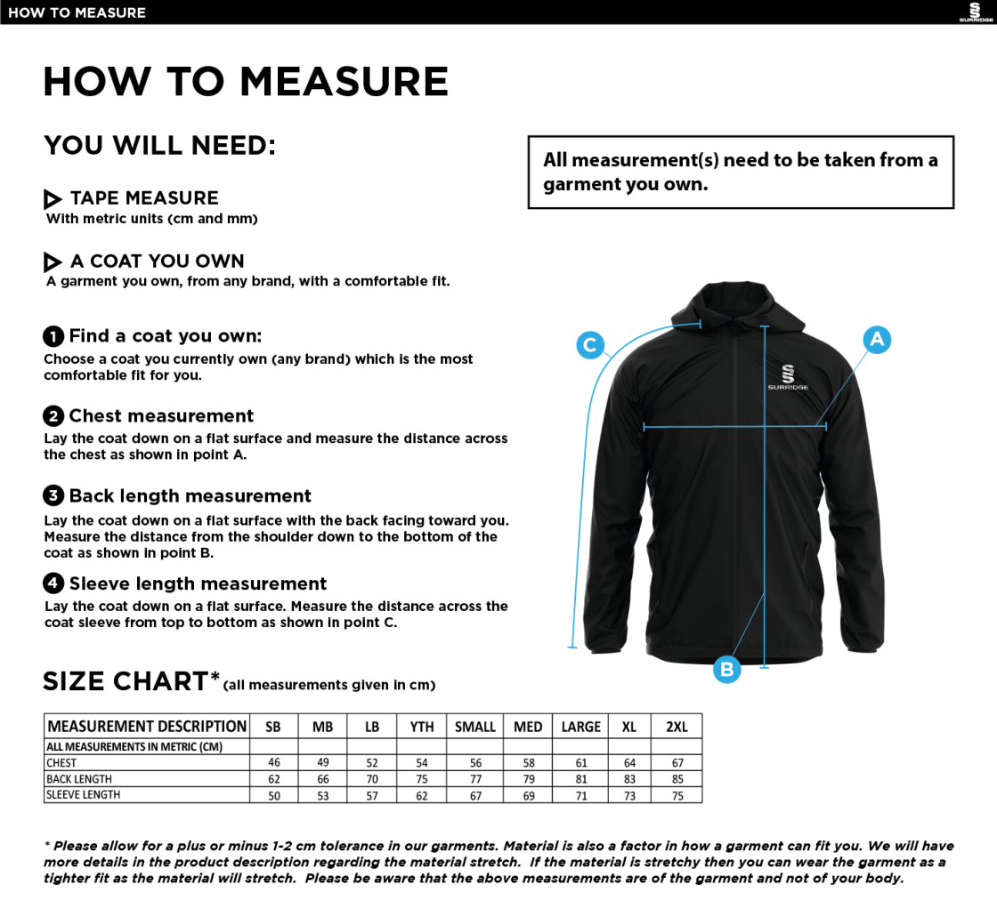 Old Sharlston CC - Dual Elite 1/4 Zip Hoody / Rain Jacket - Unisex Fit - Size Guide