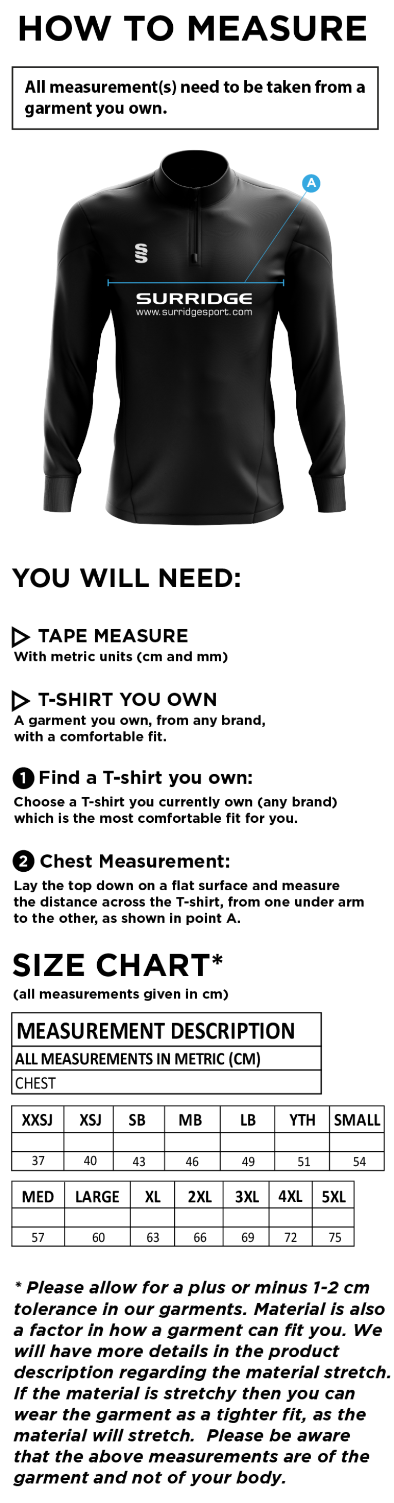 Old Sharlston CC - 1/4 Zip Dual Performance Top - Unisex Fit - Size Guide