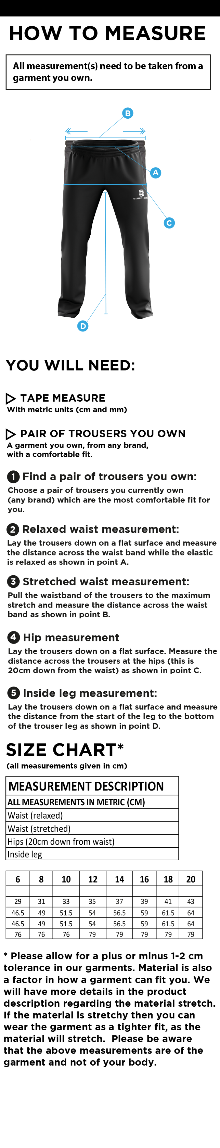 Old Sharlston CC - Ripstop Track Pant - Women's Fit - Size Guide