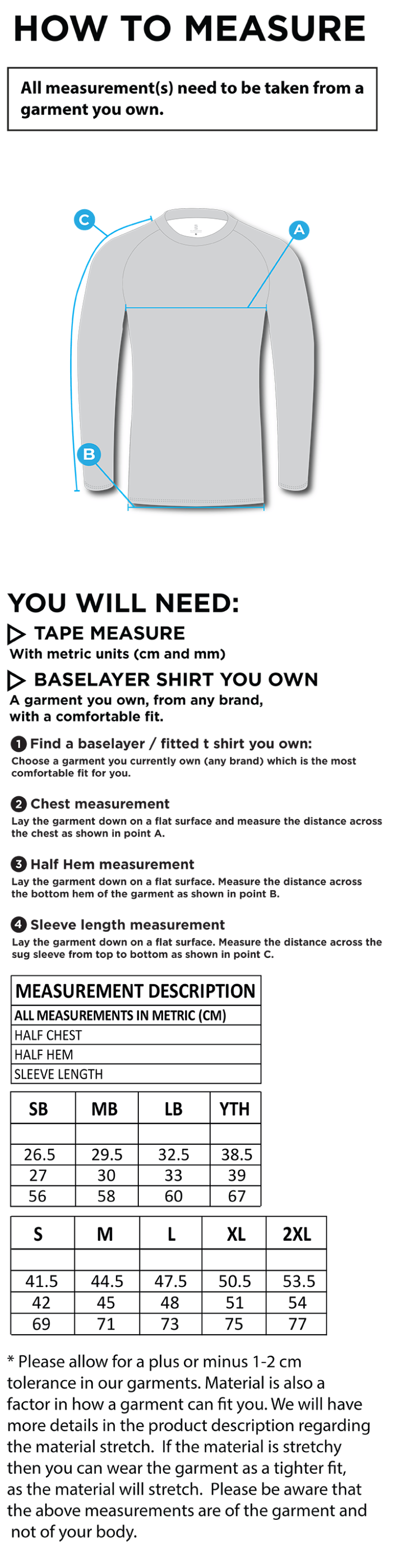 Old Sharlston CC - Dual Long Sleeve Baselayer - Unisex Fit - Size Guide