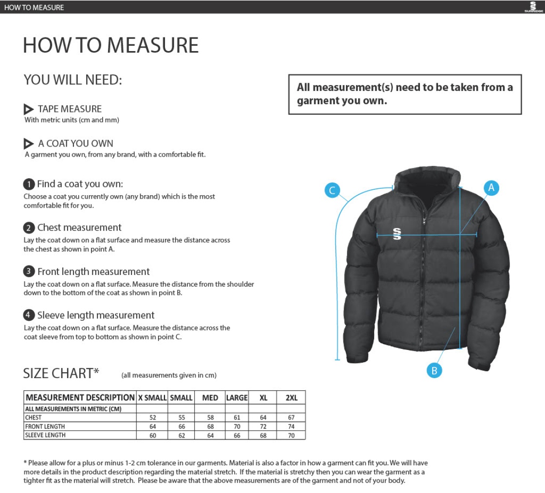 Old Sharlston CC - Holkham Down Feel Jacket - Women's Fit - Size Guide