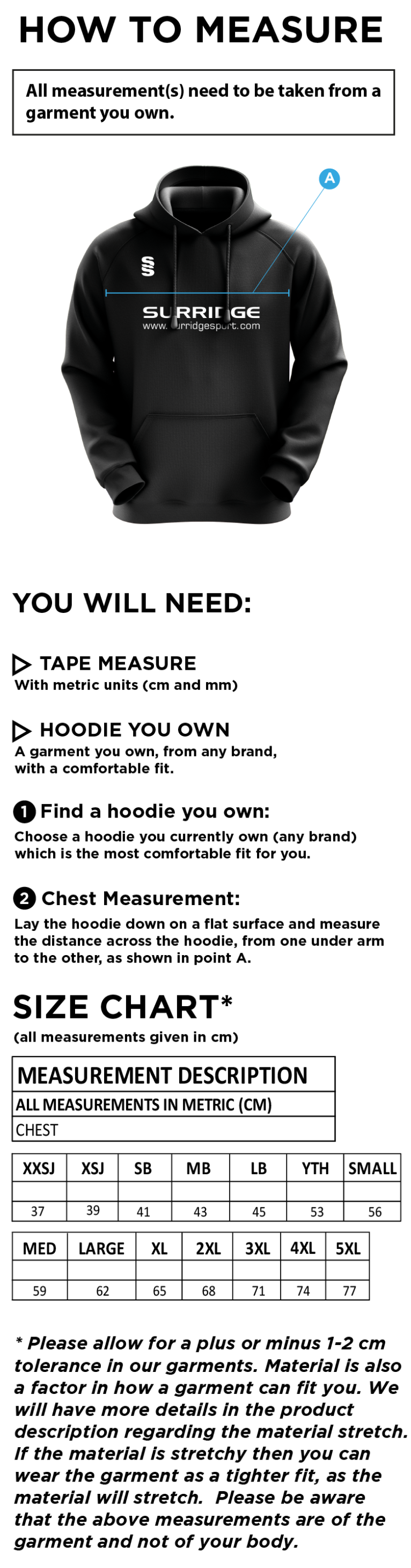 Old Sharlston CC - Fuse Hoody - Unisex Fit - Size Guide