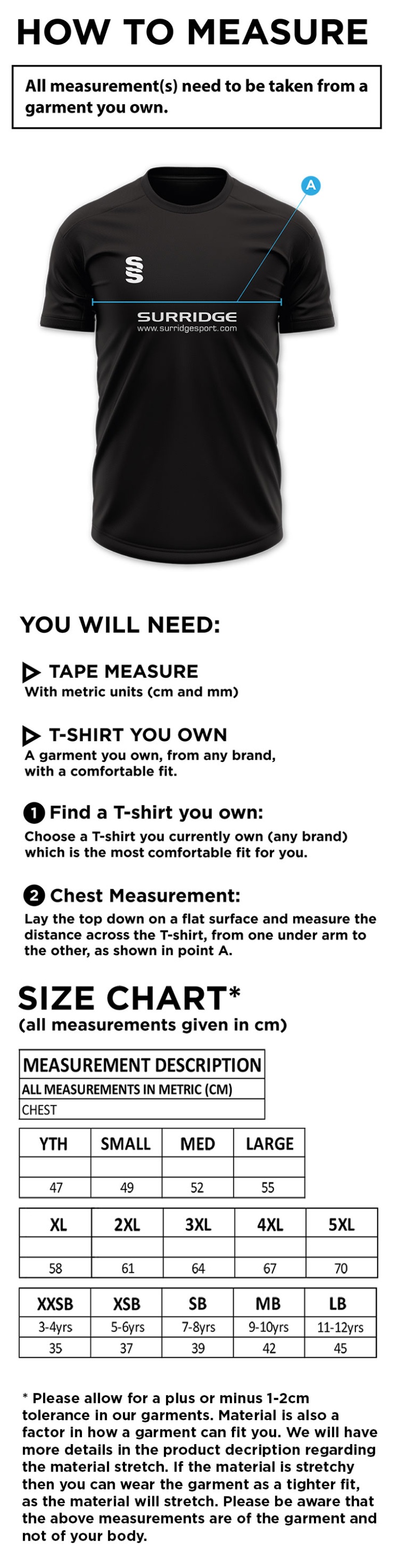 Old Sharlston CC - Dual Games Shirt - Men's/Unisex Fit - Size Guide