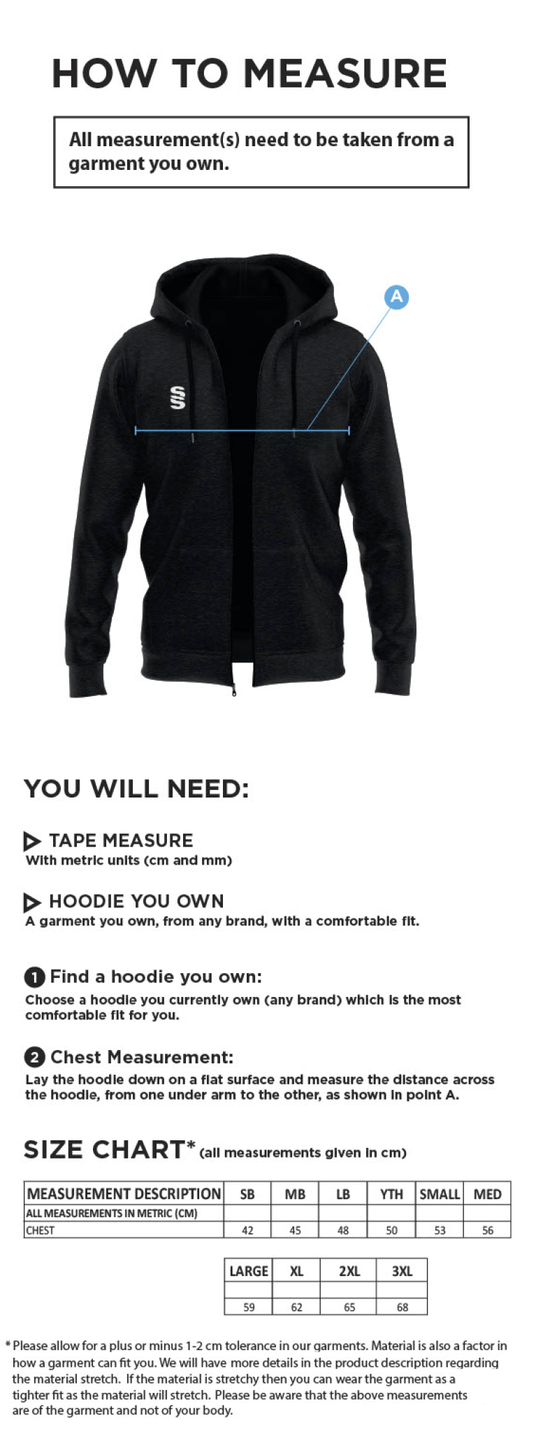 Old Sharlston CC - Dual Full Zip Hoody - Unisex Fit - Size Guide