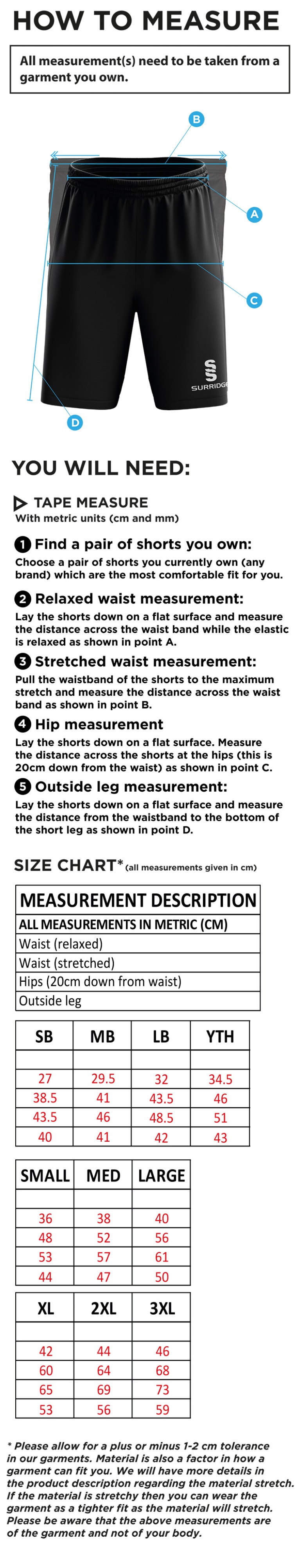 Old Sharlston CC - Ripstop Pocketed Shorts - Men's/Unisex Fit - Size Guide