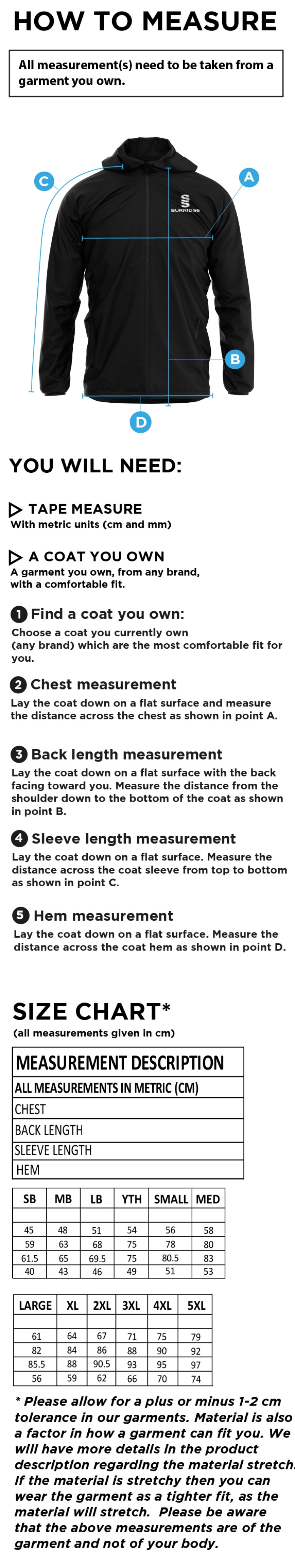 Old Sharlston CC - Dual Full Zip Training Jacket - Unisex Fit - Size Guide