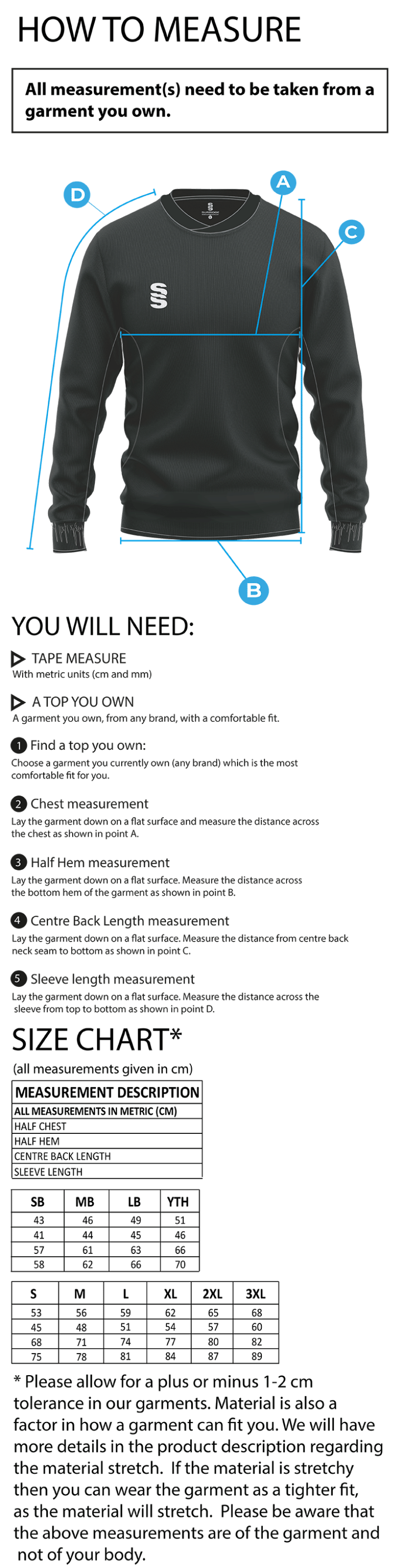 Old Sharlston CC - Run Out Top - Unisex Fit - Size Guide