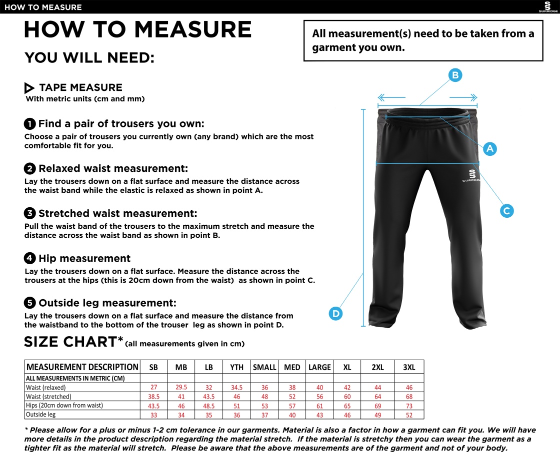 Old Sharlston CC - Rip Stop Track Pant - Men's/Unisex Fit - Size Guide