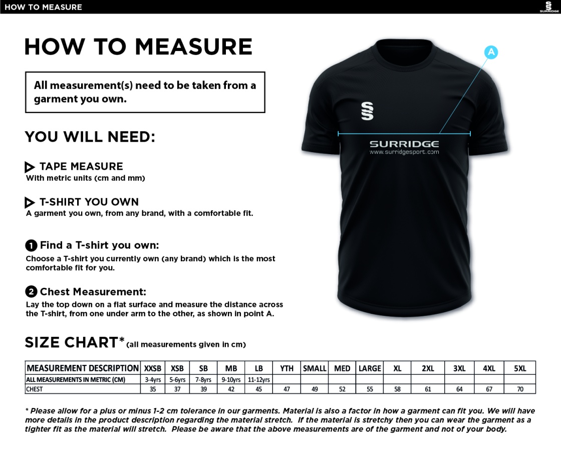 Old Sharlston CC - Dual Games Shirt - Men's/Unisex Fit - Size Guide