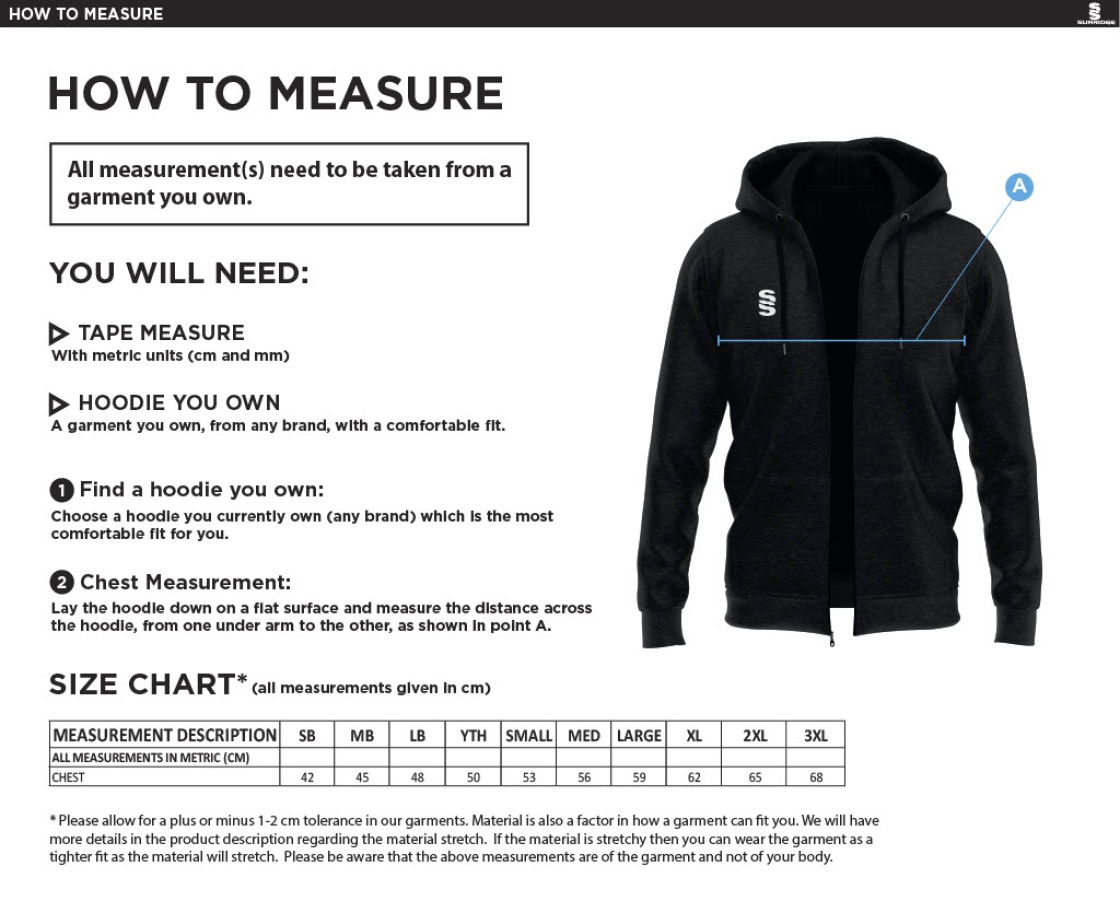 Old Sharlston CC - Dual Full Zip Hoody - Unisex Fit - Size Guide