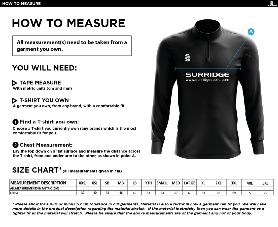 Old Sharlston CC - 1/4 Zip Dual Performance Top - Unisex Fit - Size Guide