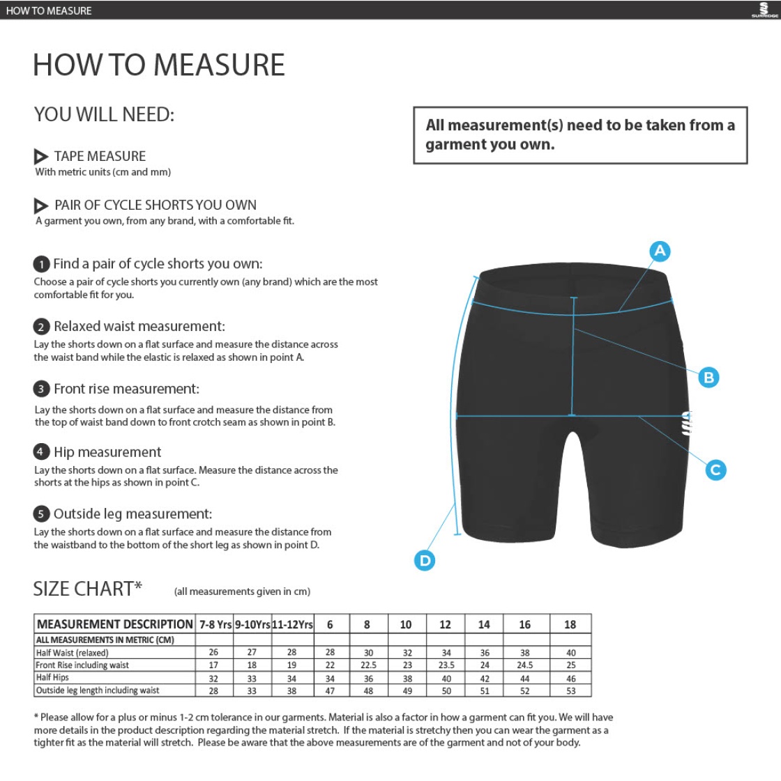 Old Sharlston CC - Dual Cycling Short - Women's Fit - Size Guide