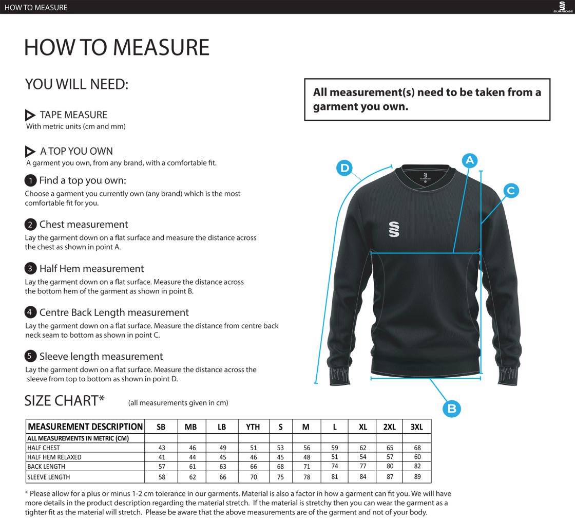 Old Sharlston CC - Run Out Top - Unisex Fit - Size Guide