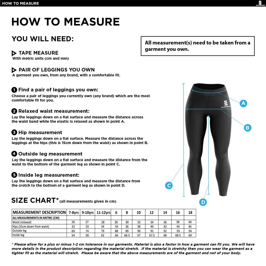 Old Sharlston CC - Performance Full Length Leggings - Women's Fit - Size Guide