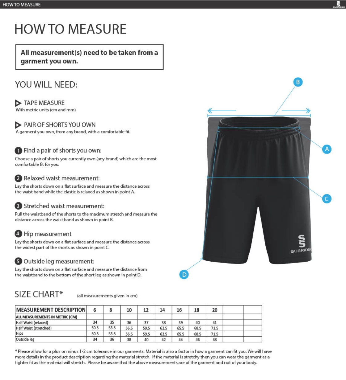 Old Sharlston CC - Ripstop Pocketed Shorts - Women's Fit - Size Guide