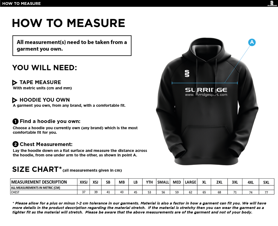 Old Sharlston CC - Fuse Hoody - Unisex Fit - Size Guide