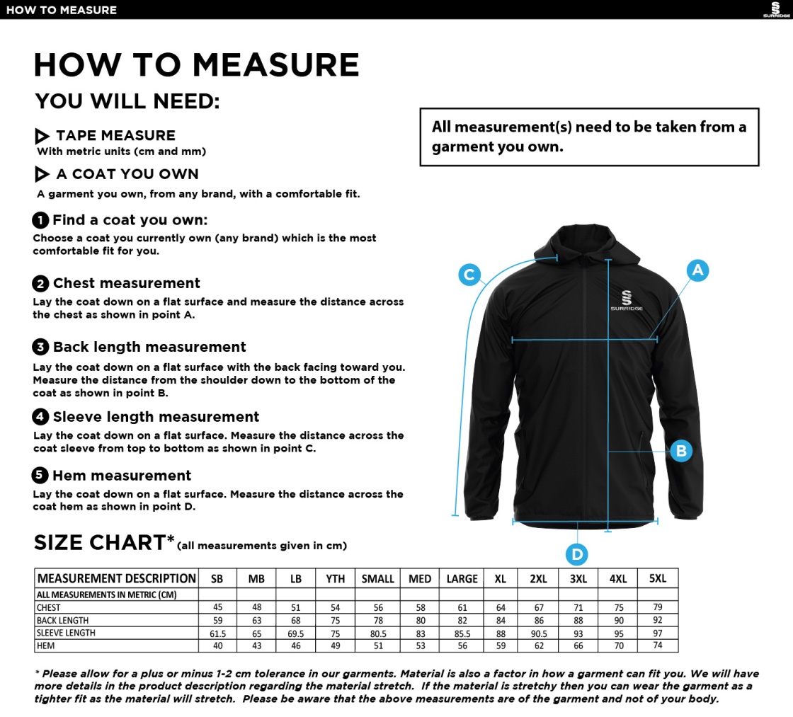 Old Sharlston CC - Dual Full Zip Training Jacket - Unisex Fit - Size Guide