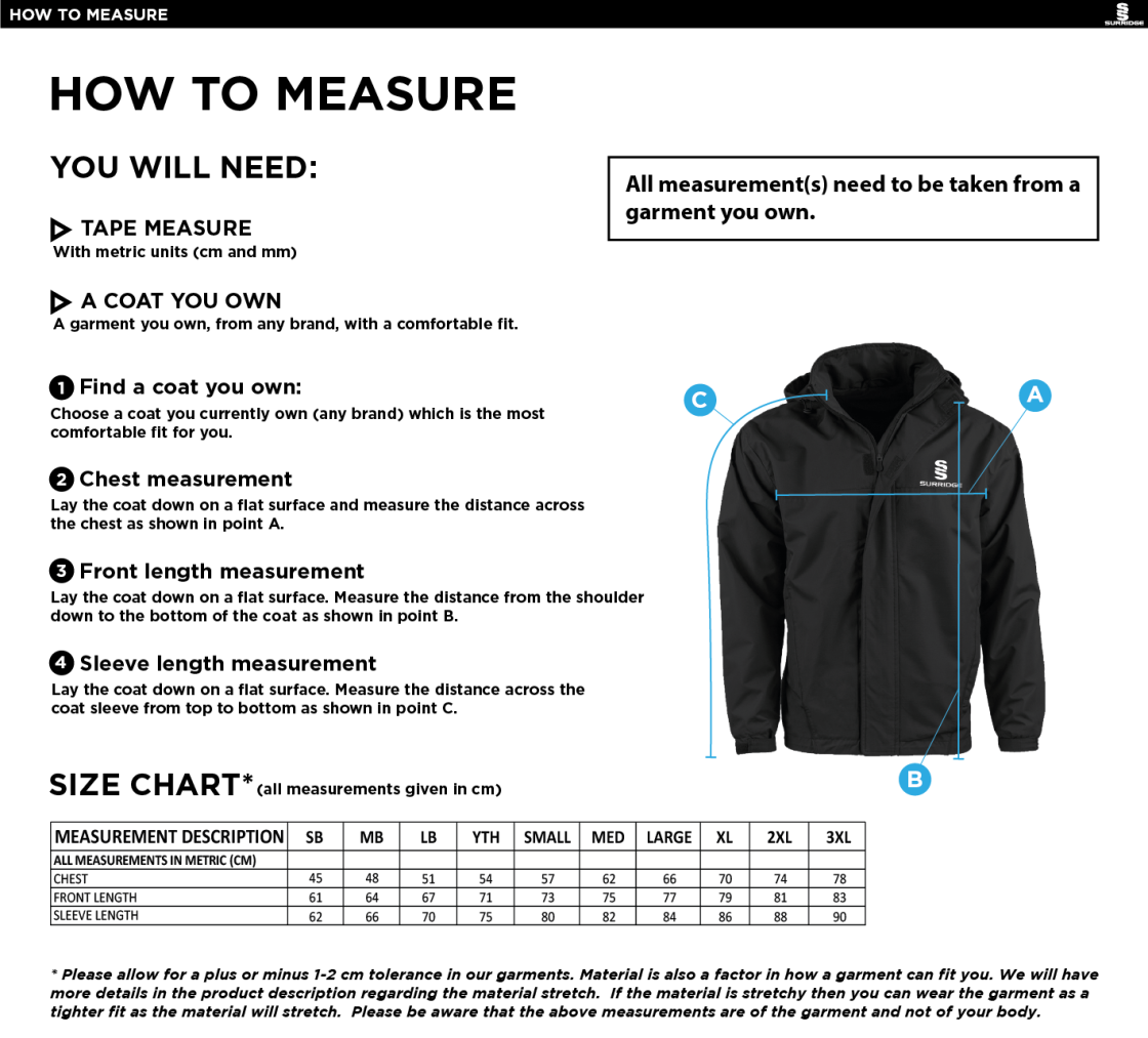 Old Sharlston CC - Dual Fleece Lined Jacket - Unisex Fit - Size Guide
