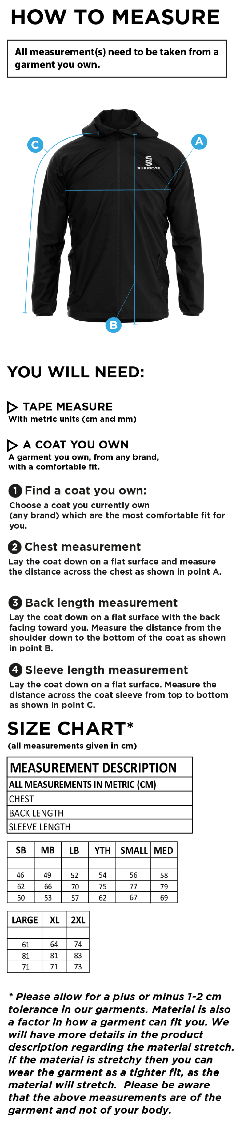 Old Sharlston CC - Dual Elite 1/4 Zip Hoody / Rain Jacket - Unisex Fit - Size Guide