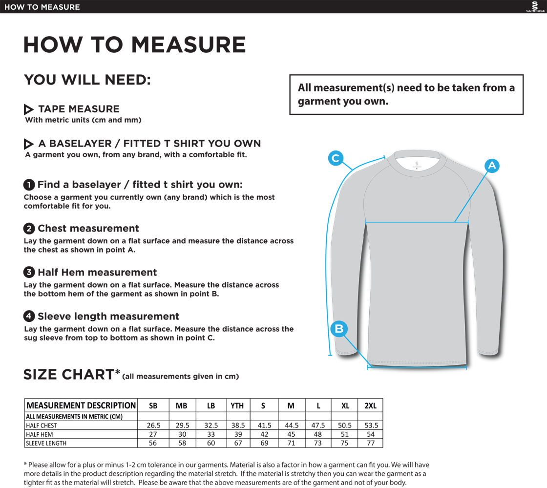 Old Sharlston CC - Dual Long Sleeve Baselayer - Unisex Fit - Size Guide