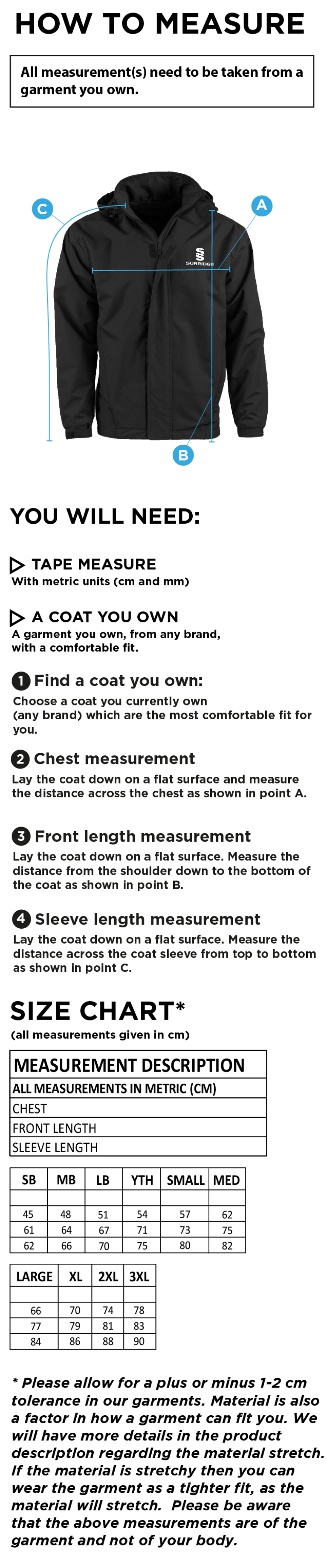 Old Sharlston CC - Dual Fleece Lined Jacket - Unisex Fit - Size Guide