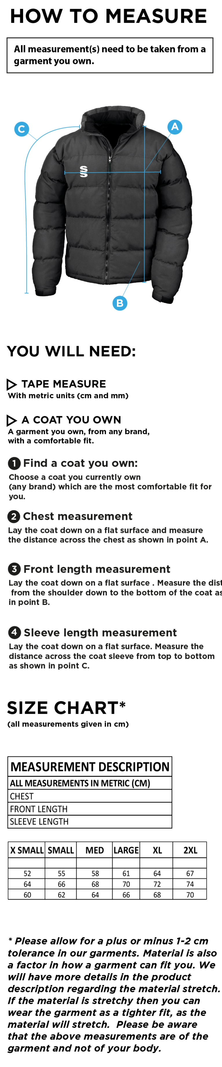 Old Sharlston CC - Holkham Down Feel Jacket - Women's Fit - Size Guide